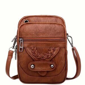 Men's or Women's Brown PU Leather Mini Crossbody Bag Zip Closures Braided Detail